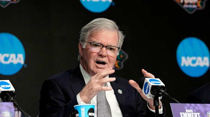 NCAA president Mark Emmert answers a question during a news conference at the men’s Final Four NCAA college basketball tournament Thursday, March 31, 2022, in New Orleans.
